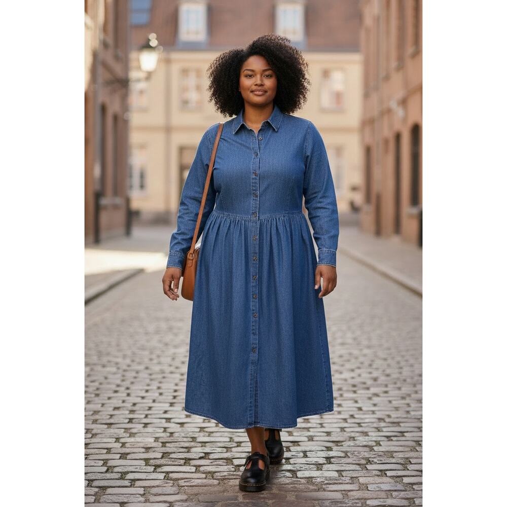 Eddie Bauer Sz L Vtg Denim Midi Dress Shirt Dress Modest Retro Cotton Stains